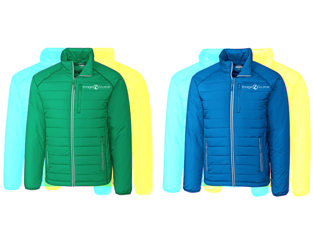 blue and green puffy jacket