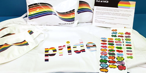 Image of sweatshirt with mulitcolor PRIDE word on it with a sheet of stickers and a set of two white face masks with the pride rainbow on them.