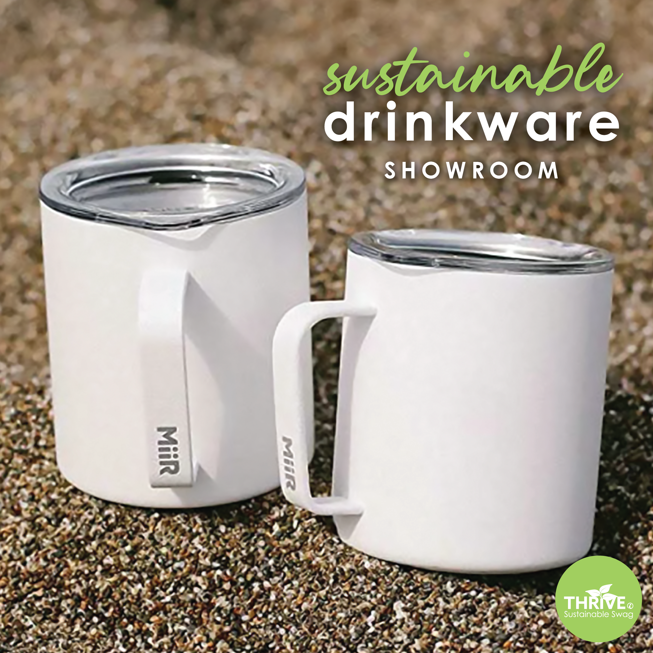 Image of two camper mugs with lids sitting in the sand with text that says Sustainable Drinkware Showroom.