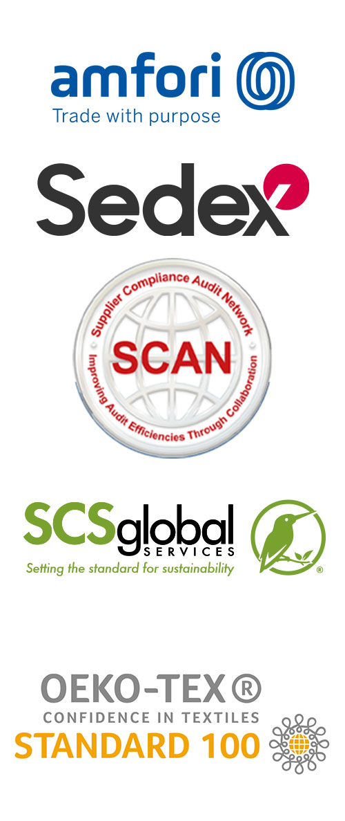 Image of Amfori, Sedex, SCAN, SCS Global and Oeko-Tex logos