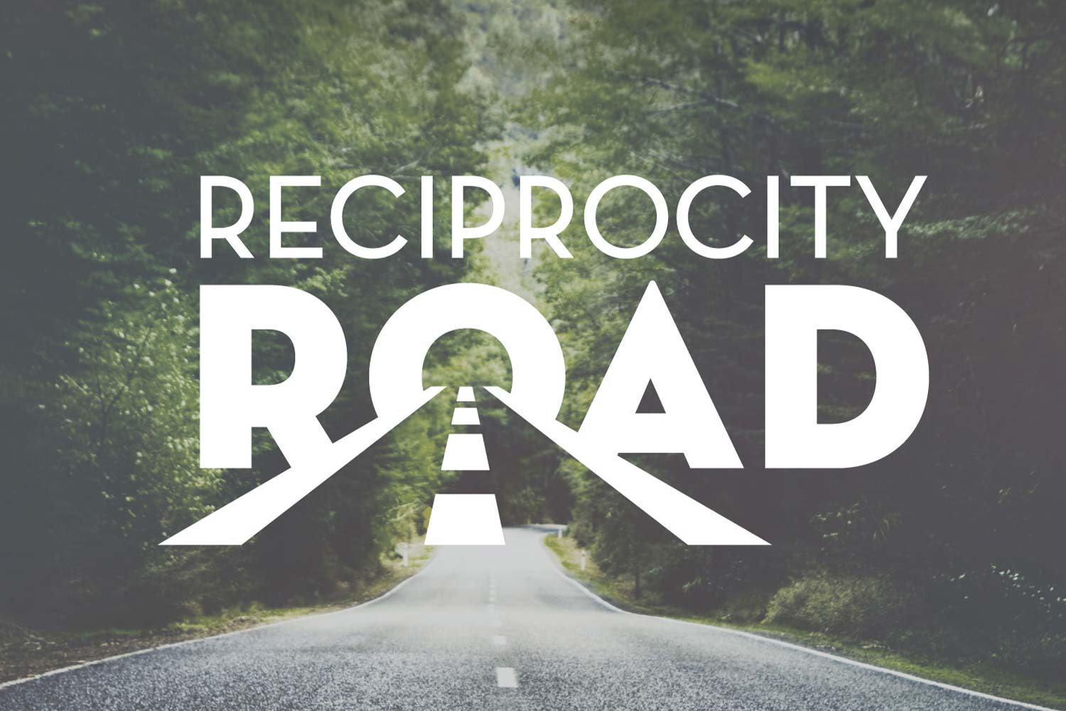 Reciprocity Road logo super imposed over a street lined by trees.