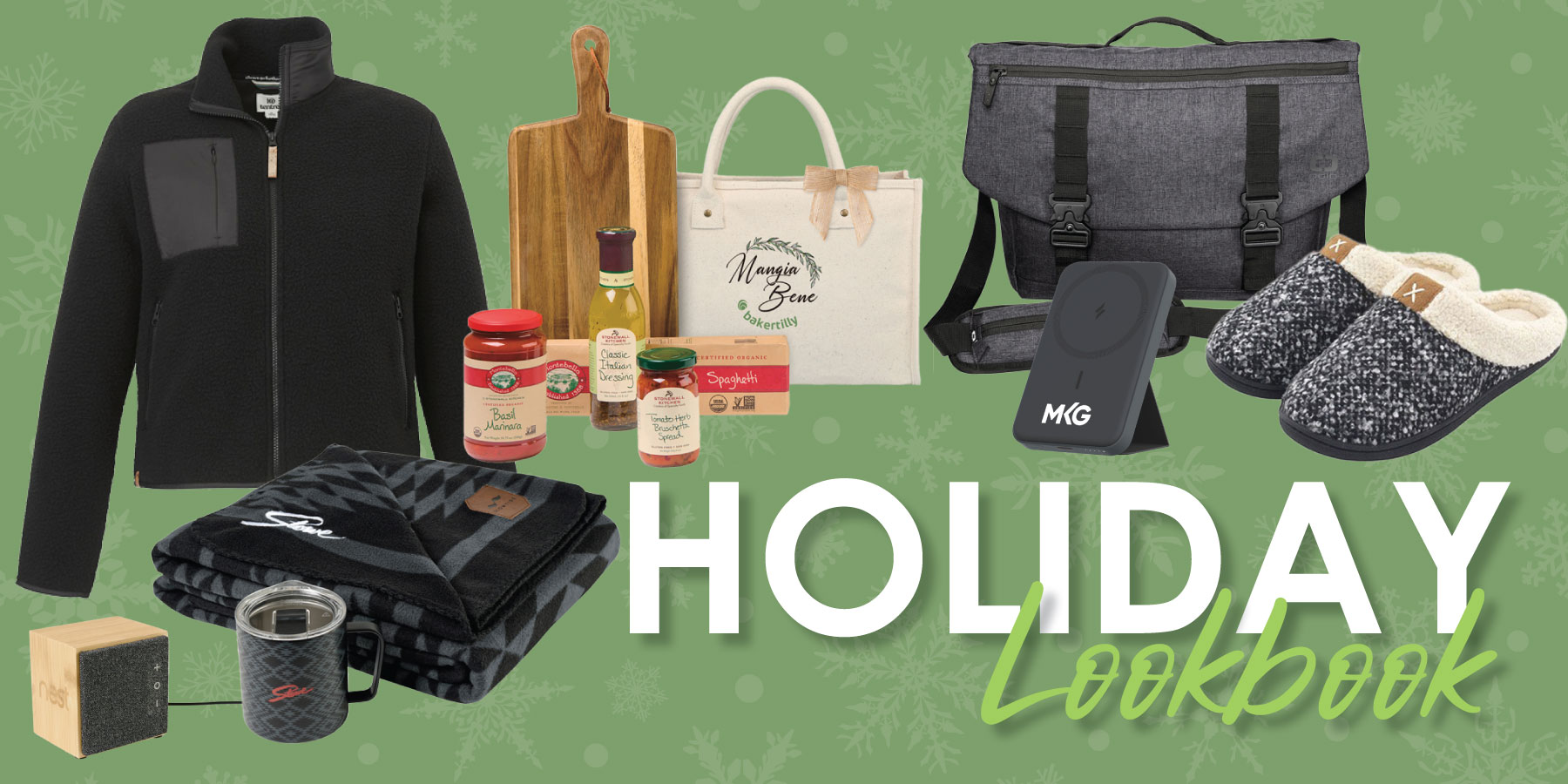Green Background with Letters that say Holiday Lookbook
