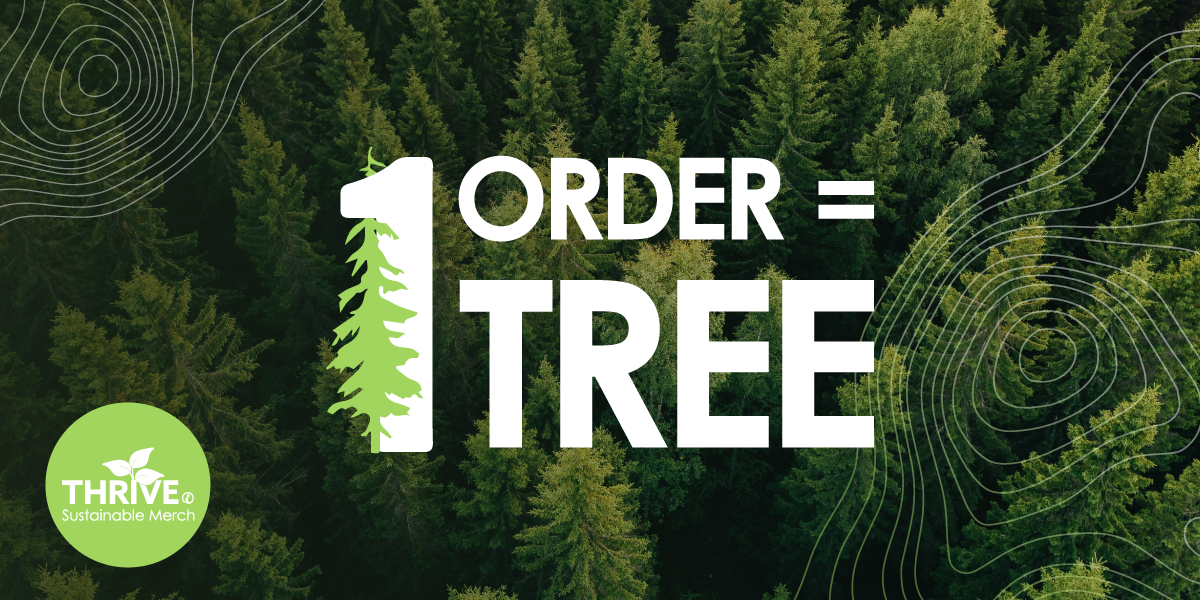 One order equals One Tree logo superimposed over aerial view of evergreen trees.