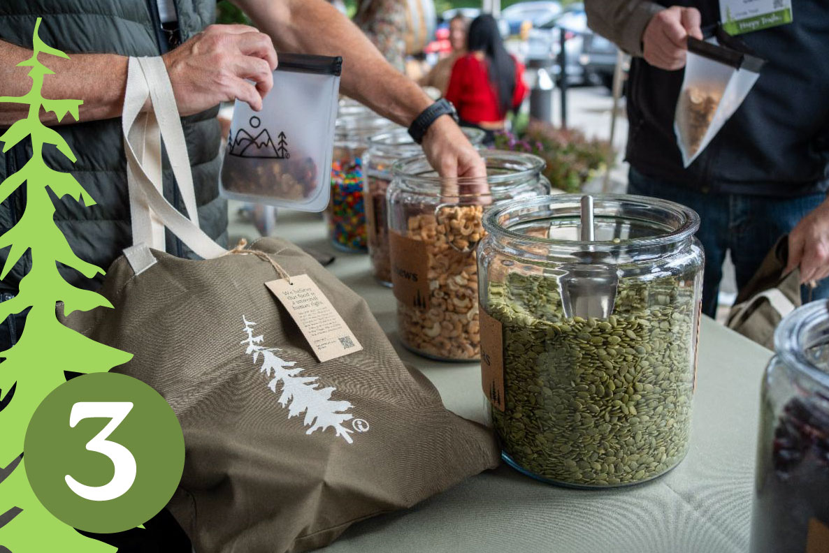 Green tote bag on table.