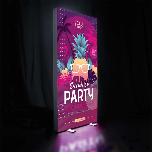 Image of light up backdrop display with pink beach party advertisement.