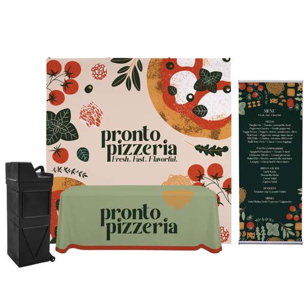 Two pull up banner backdrops with a table and table cover.