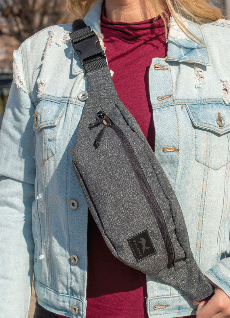 Women wearing cross body bag that is gray.