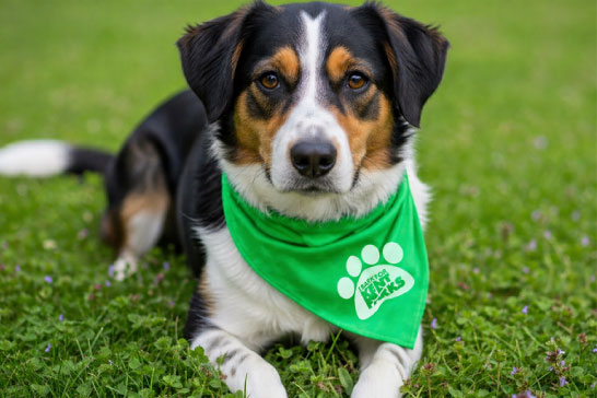 brown and black dog wearing green bandana.