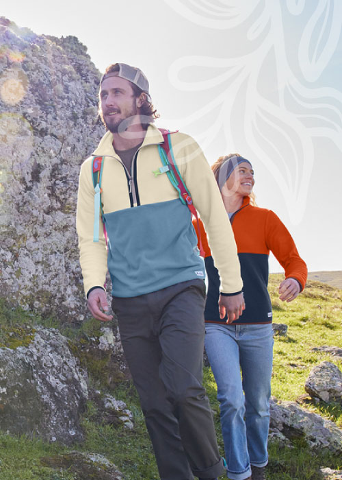 Two people hiking in the mountains.
