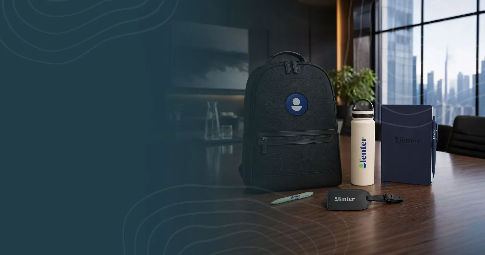 backpack and journal on conference table